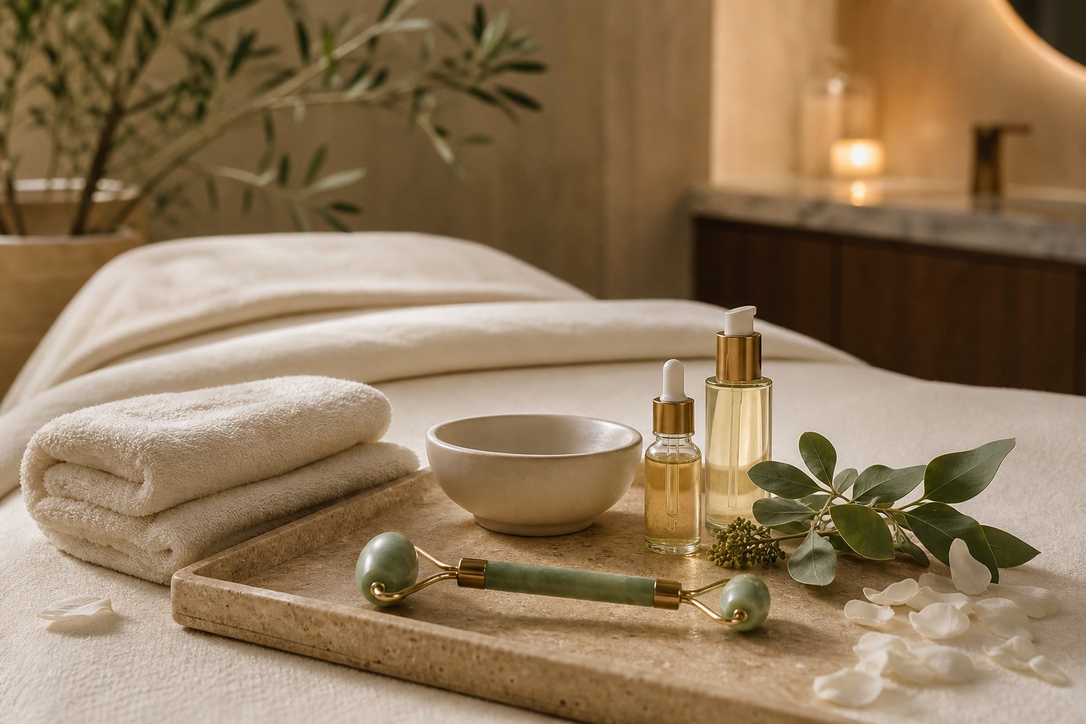 Khay chăm sóc facial với serum, khăn mềm và dụng cụ massage