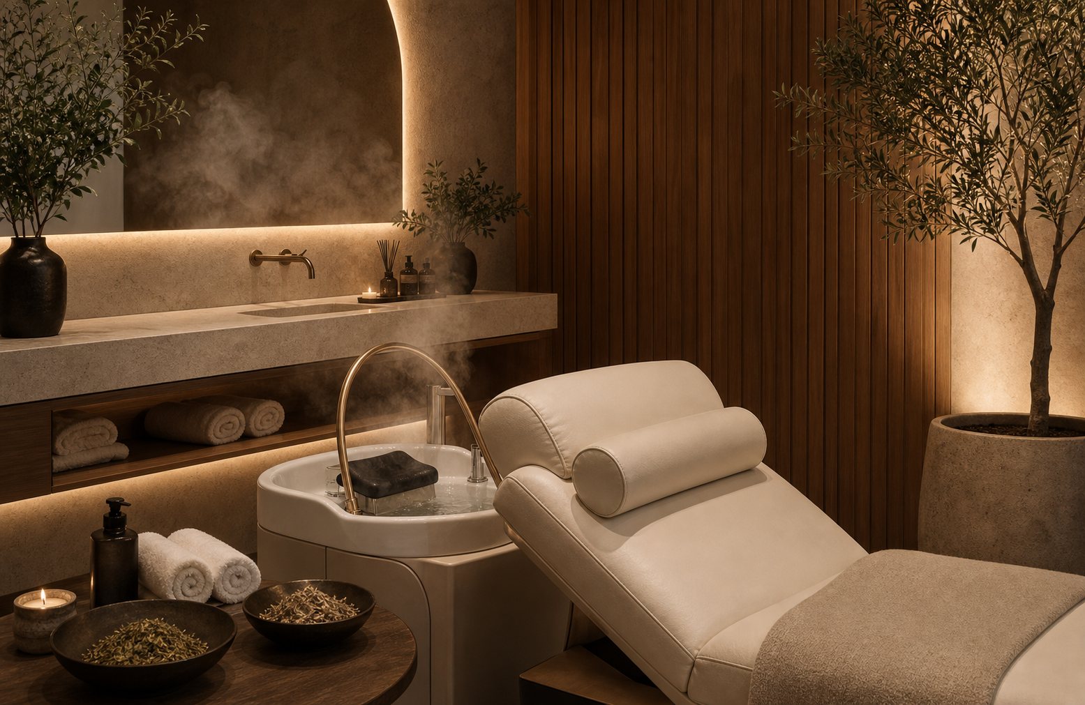 Không gian gội đầu dưỡng sinh với ghế trị liệu và thảo mộc