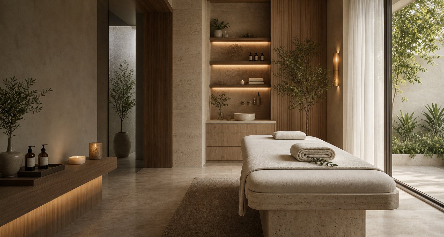 Không gian trị liệu spa cao cấp với ánh sáng tự nhiên, khăn trắng và cây xanh